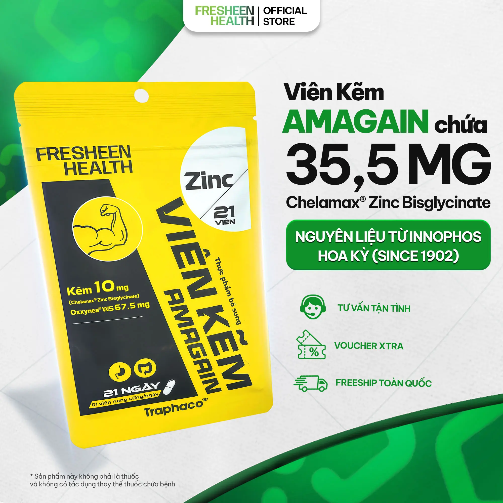 [Độc Quyền] Viên kẽm AMAGAIN bổ sung Kẽm Chelamax Bisglycinate phù hợp với người có sức khỏe kém, mệt mỏi, chán ăn rụng tóc - phân phối bởi Fresheen Health