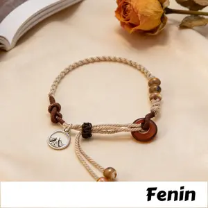[Fenin]Gelang gesper pengaman warna amber tali tangan anyaman gaya Cina gelang etnik retro yang dapat disesuaikan B832