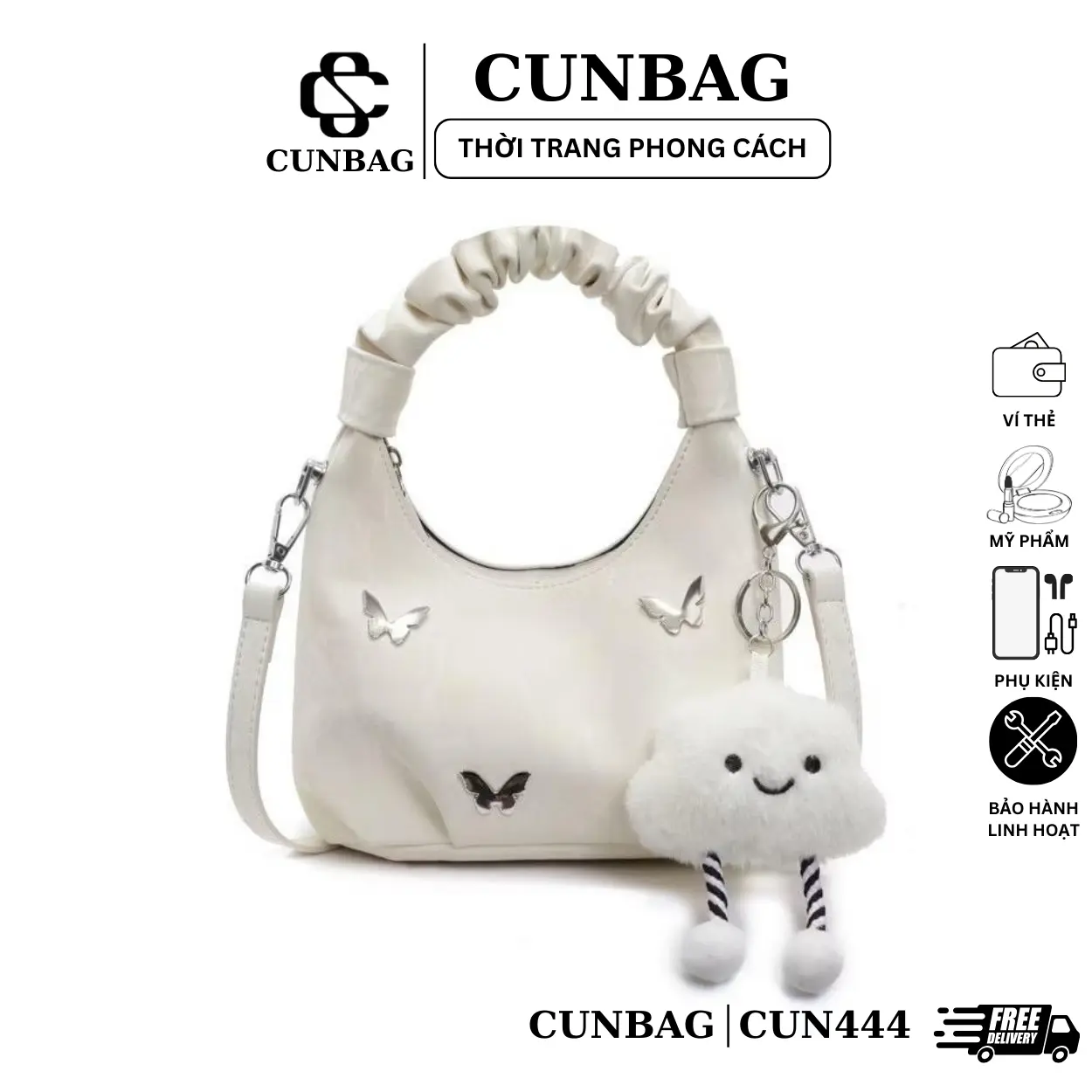 [TẶNG CHARM MÂY] Túi Xách Nữ Quai Rúm Đính Phụ Kiện Xinh Sắn Cầm Tay Đeo Chéo Đeo Dịp Tết Bag Kem CUN444