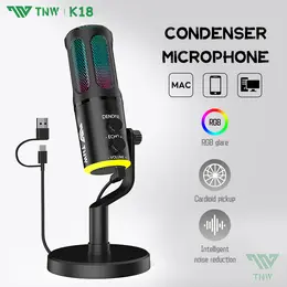 TNW K18 Microphone Condenser USB Type-C Mikrofon Kondensor Studio RGB Light with Mic for PC Laptop Live Streaming Gaming Recording