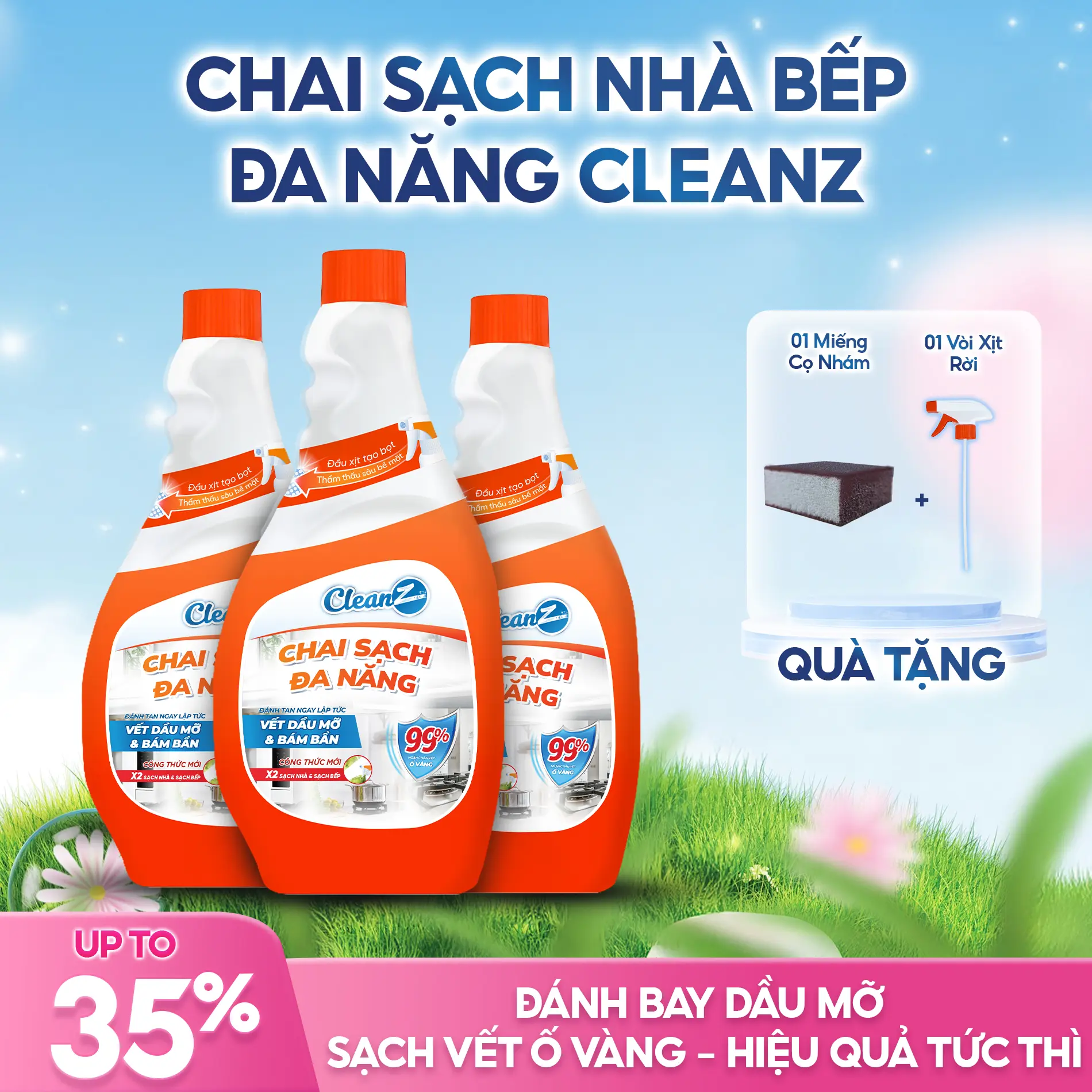Chai Sạch Đa Năng CleanZ 450ml - Loại bỏ dầu mỡ, vết ố vàng, bụi bẩn và vết bám cháy, Thơm Mùi Chanh Dịu Nhẹ