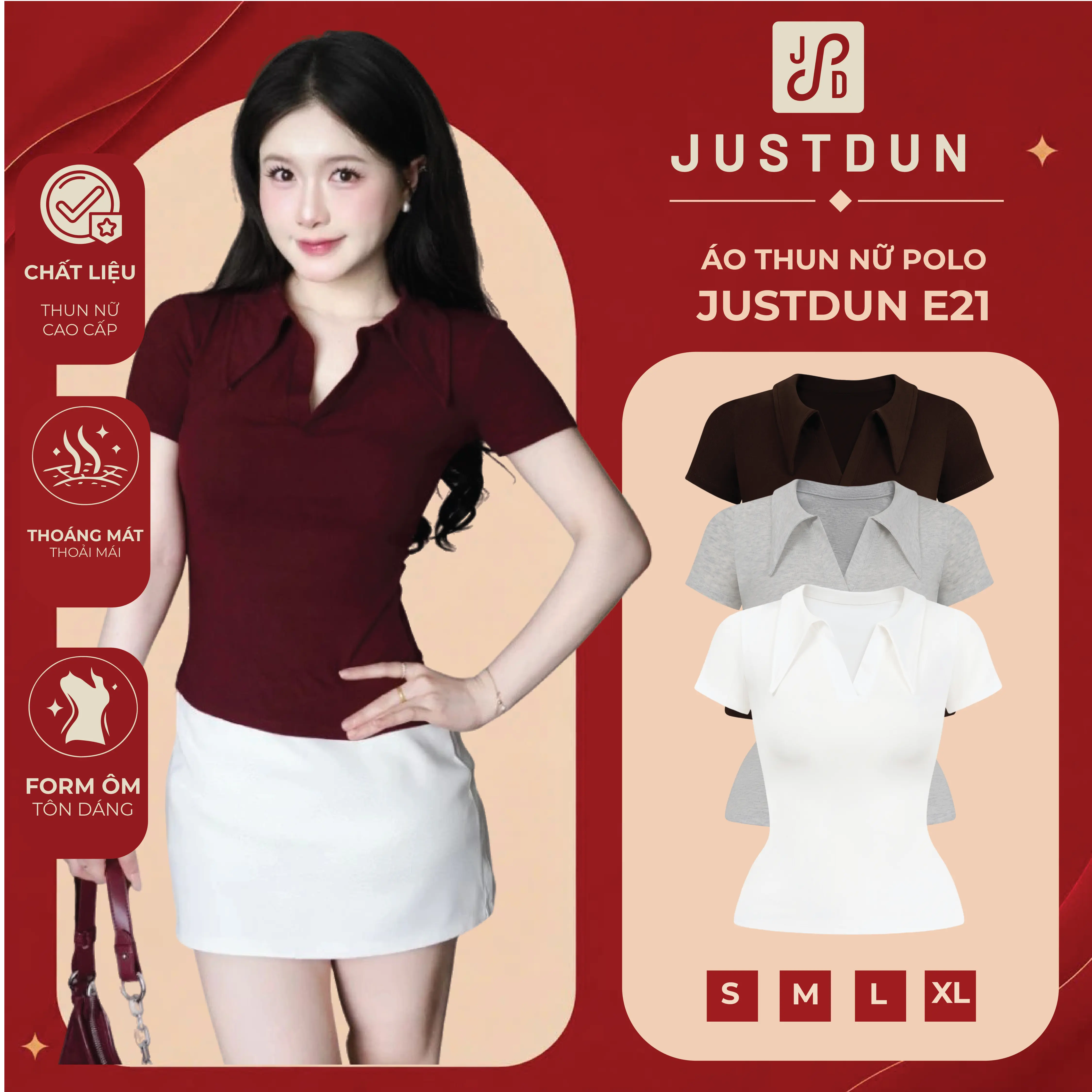 Áo Thun Nữ Polo JUSTDUN E21 – Cổ Sơ Mi Cotton Mịn Cao Cấp, Form Ôm Đẹp, Co Giãn Thoải Mái,Thanh Lịch