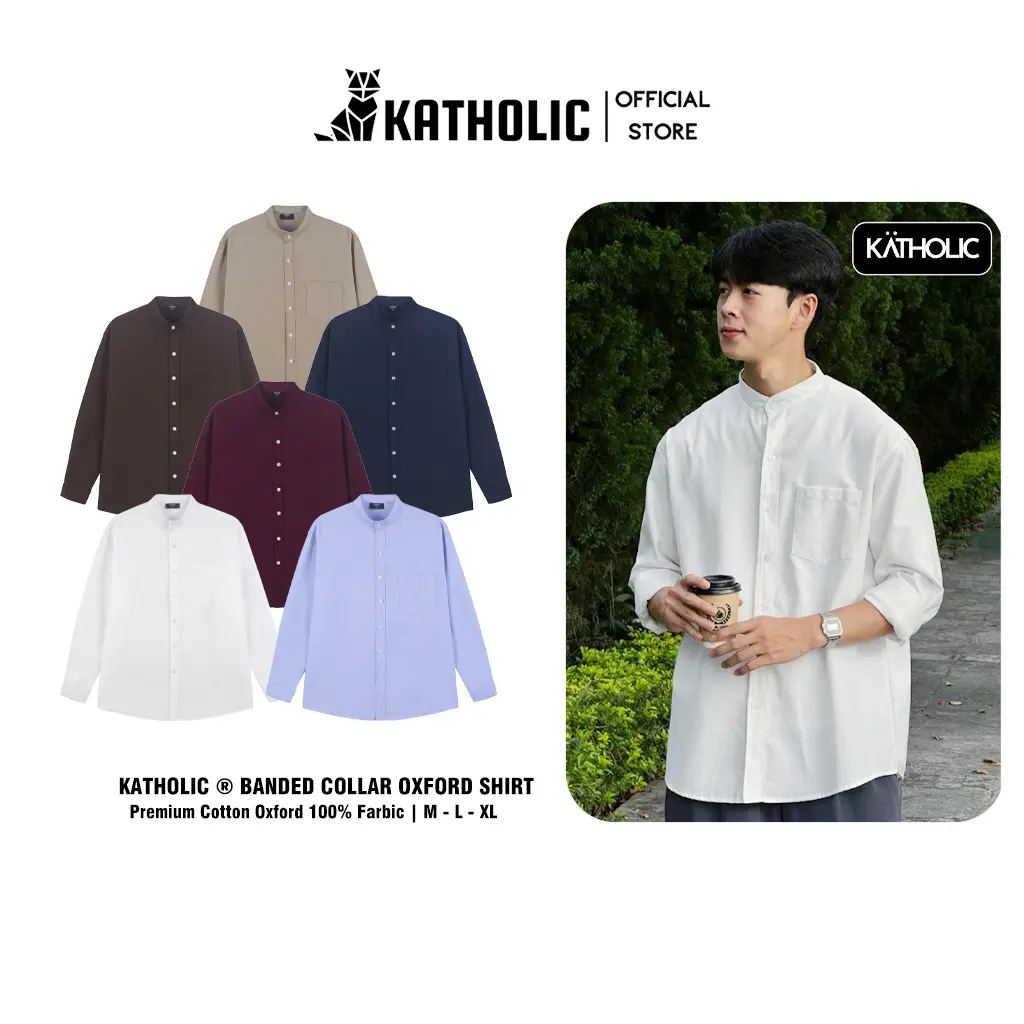 Áo Sơ Mi Trơn Tay Dài Nam Nữ Hàn Quốc Cổ Tàu Local Brand KATHOLIC Chất Liệu Oxford Form Rộng 6 Màu Trắng Kem, Navy, Xanh Blue, Trà Sữa, Nâu, Đỏ KAT022 Menswear Shirt