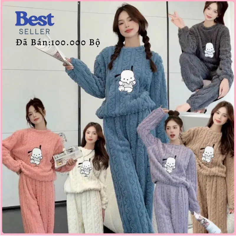 [HÀNG ĐẸP 500g] Bộ Đồ Lông Giữ Nhiệt, Bộ Lông Ủ Kem, Bộ Ngủ Nữ Lông, Quần Áo Lông Xoắn Dài Tay CÚN Ấm Áp Women Nho Voi Hồng EVA368