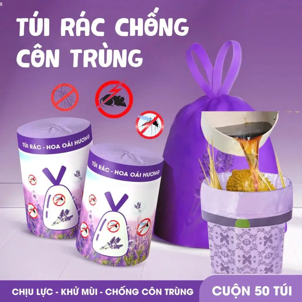 Túi Đựng Rác Hương Lavender, Túi Rác Xua Đuổi Ruồi Muỗi, Có Dây Rút, Cuộn 50 tú, 45x50cm