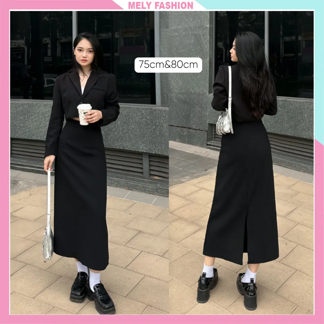 Chân váy dài 80cm midi dáng suông Mely Fashion chữ A cạp cao che giấu bụng tốt tôn dáng có xẻ sau có bigsize CV59-01