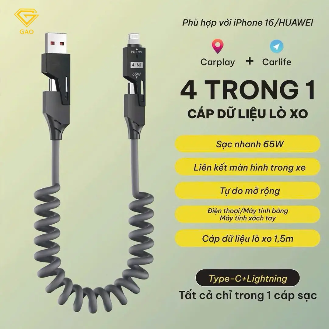 [GAO] Cáp Sạc Lò Xo Đa Năng 4 Trong 1 GAO Siêu Tiện Lợi dành cho điện thoại, IPad, bàn phím,..., Kéo Dài 1m, Sạc chuẩn PD C-L 27W, C-C 65W - Phụ kiện điện thoại