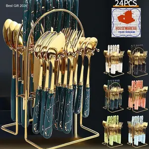 Sendok Cutlery Set Sendok Sultan Makan Set Isi 24 Set Gold Marble Bahan Stainless Tebal Rapi Golden Spoon Marble Rak Stainles Souvenir Kado Gift | best seller