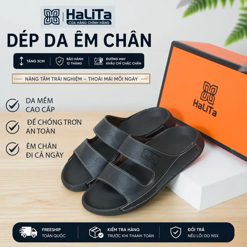 [Dép Công Thái Học ] - Bản Hai Quai Nâng Cấp , Da Bò Lưu Bút Cao Cấp HaLiTa, Đế Cao Su Vân Nhám Chống Trơn Trượt - 1