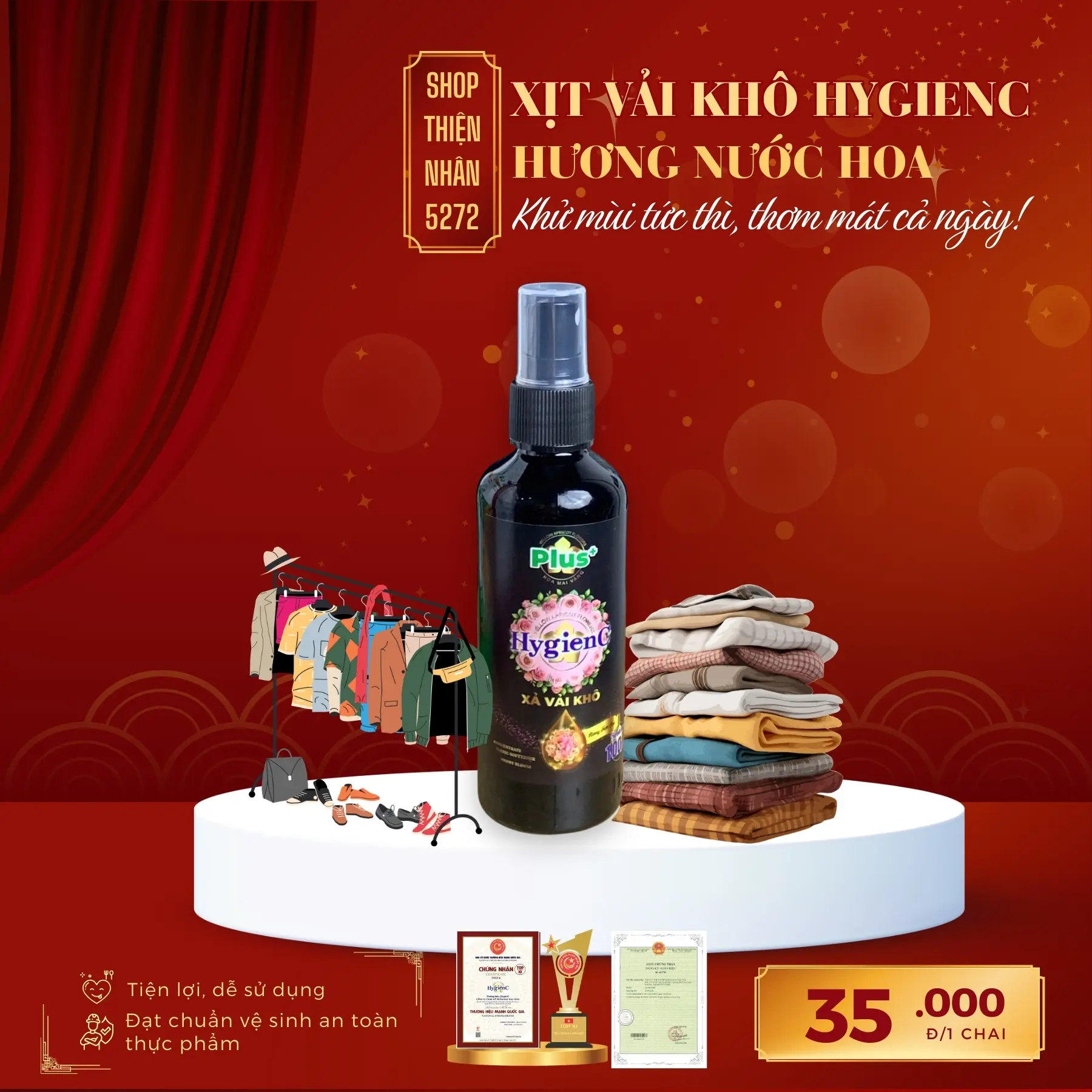 Xịt Vải Khô Khử Mùi HygienC Chính Hãng- Dung Tích 100ml/Chai Xịt