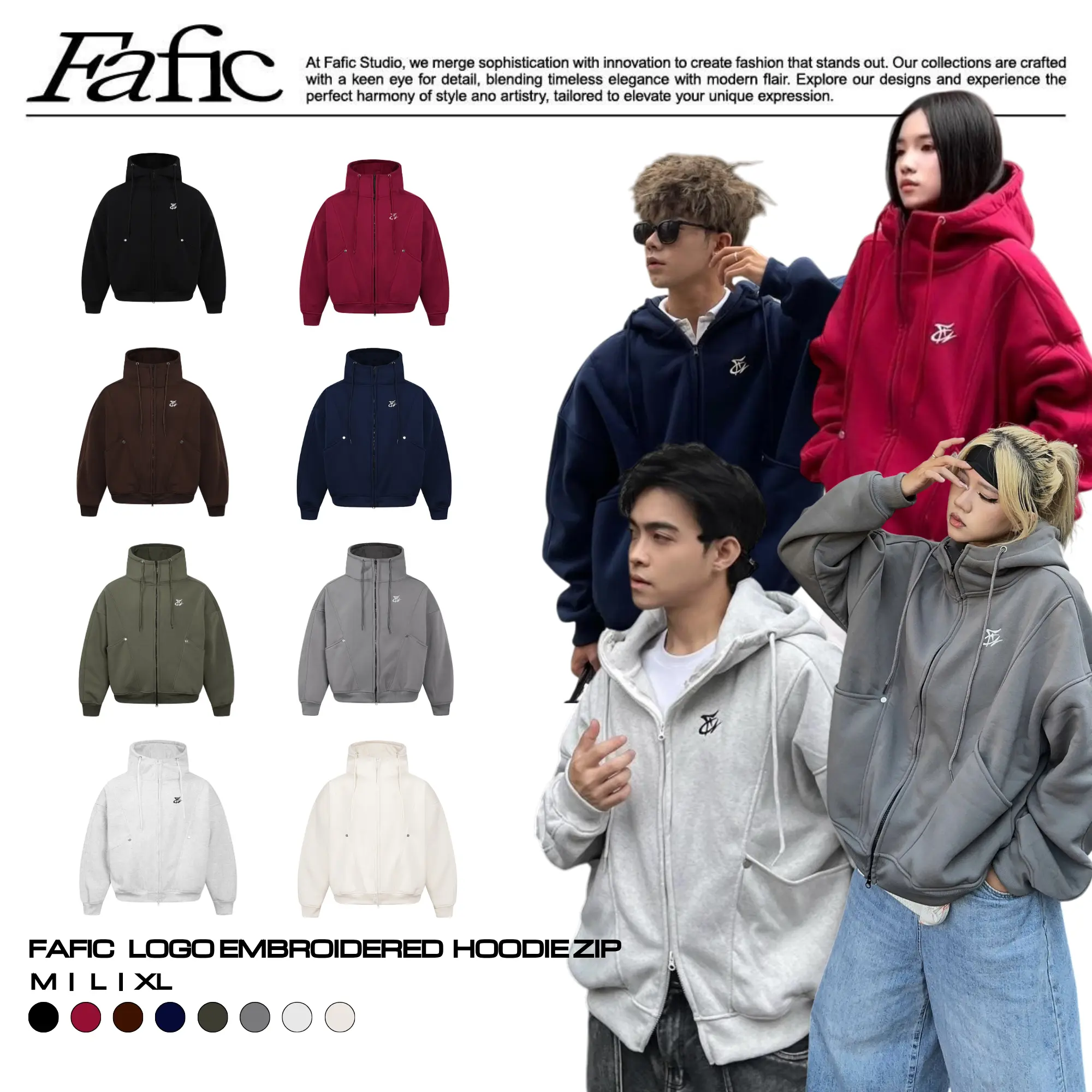 Áo Khoác Zip Cổ Cao Thêu Logo Fa Hoodie Zip Nỉ Bông Dáng Boxy Nam Nữ Unisex Có Túi Tay Dài Menswear - Dài Tay - 1