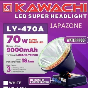 Senter Kepala LED Headlamp 70 Watt Kawachi LY-470B Original Cahaya Putih Waterproof Super Terang 9000mAh Tahan Hingga 18 Jam Pemakaian