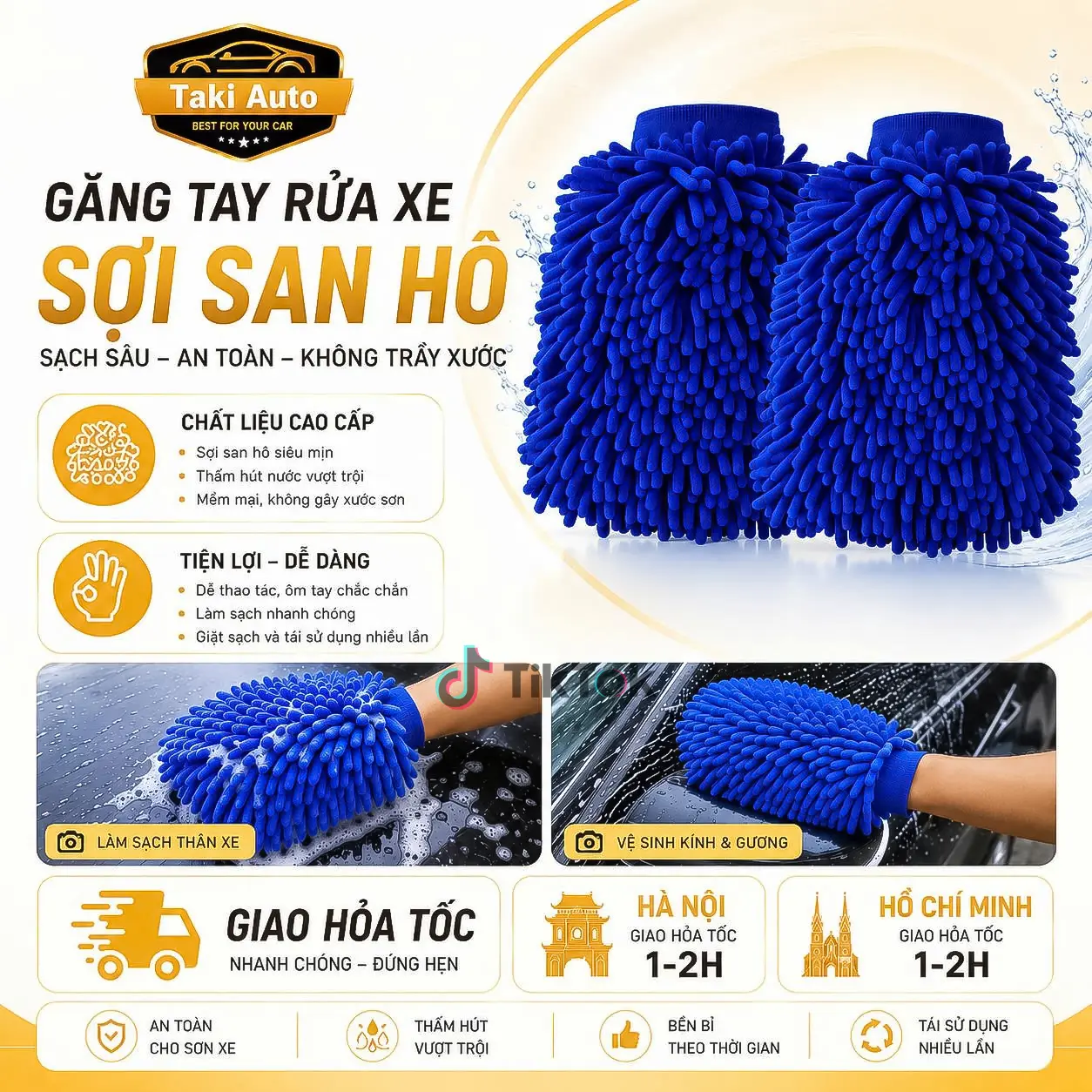 Găng tay rửa ô tô xe máy, bao tay rửa xe san hô, bao tay làm bằng sợi microfiber mềm mịn tạo nhiều bọt bộ dụng cụ rửa xe tại nhà Phụ Kiện Lau Xe