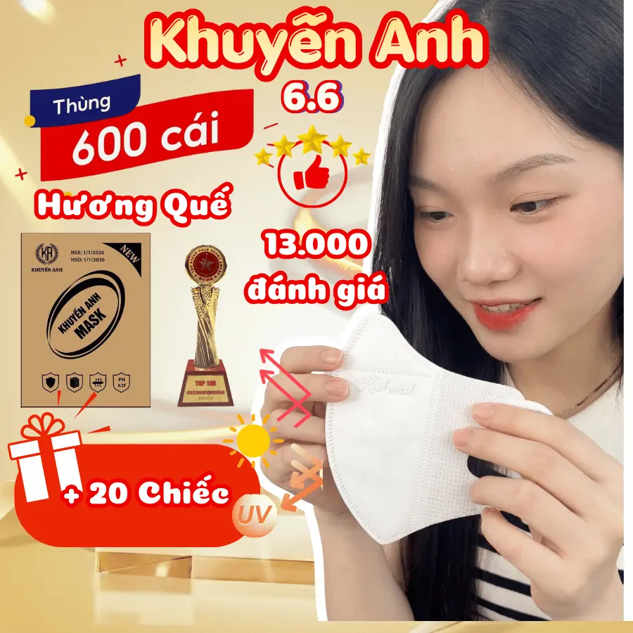 Khẩu Trang 5D Khuyến Anh Thùng 600 Cái+ 20 cái Chống Tia UV Kháng Khuẩn Bảo Hành 48 Tháng