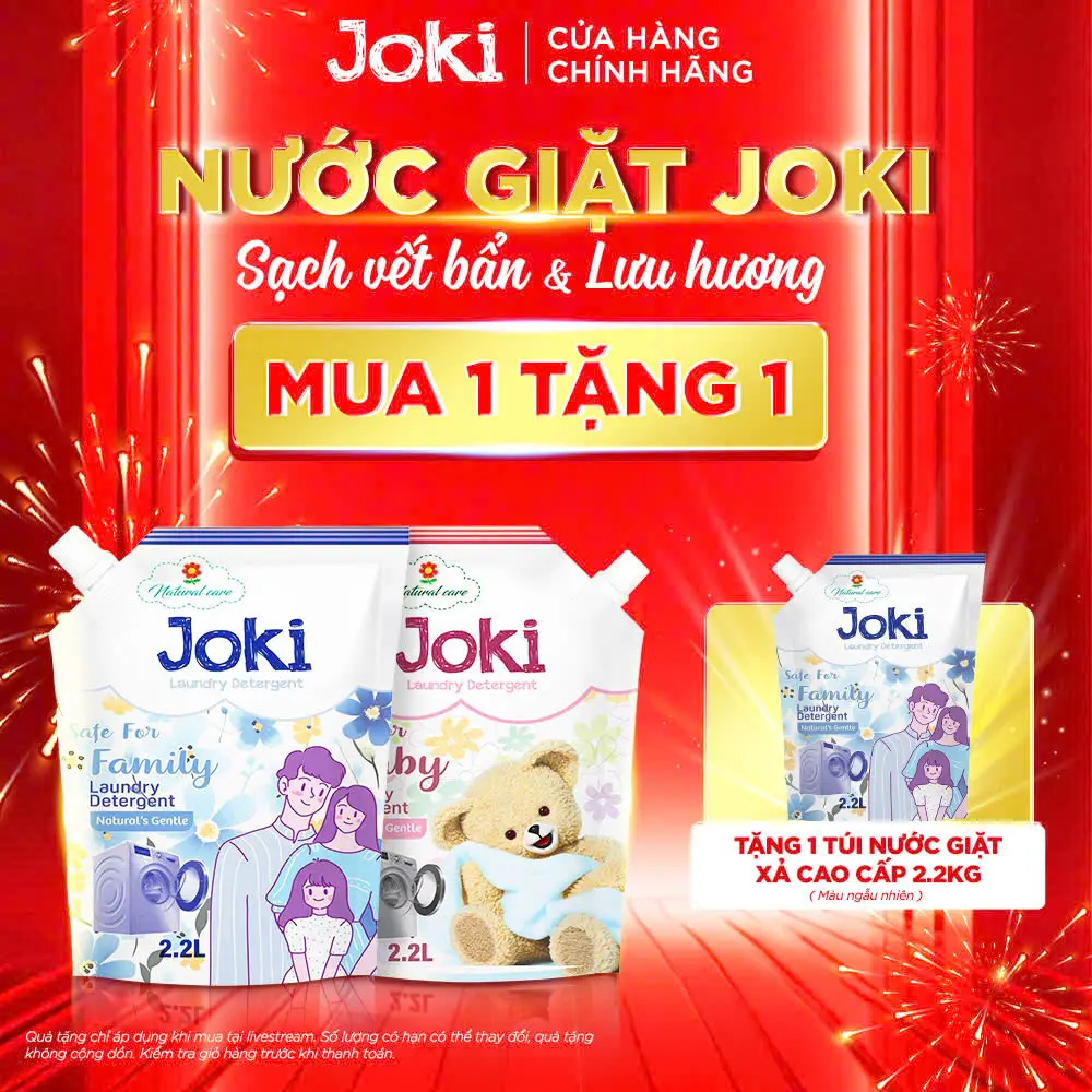 [MUA 1 TẶNG 1] COMBO 2 Túi Nước Giặt Xả JOKI Đậm Đặc Hương Hoa (2.2L x 2) Lưu Hương Lâu, Kháng Khuẩn, Giặt Sạch Vết Bẩn, An Toàn Cho Da Mẹ và Bé, Giặt Máy & Giặt Tay