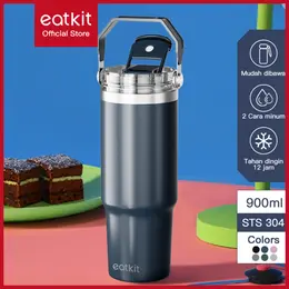 Eatkit Tumbler Minum Stainless Steel 890ml Handle 2in1 Vacuum Insulated Portable Silikon Thermos Hitam