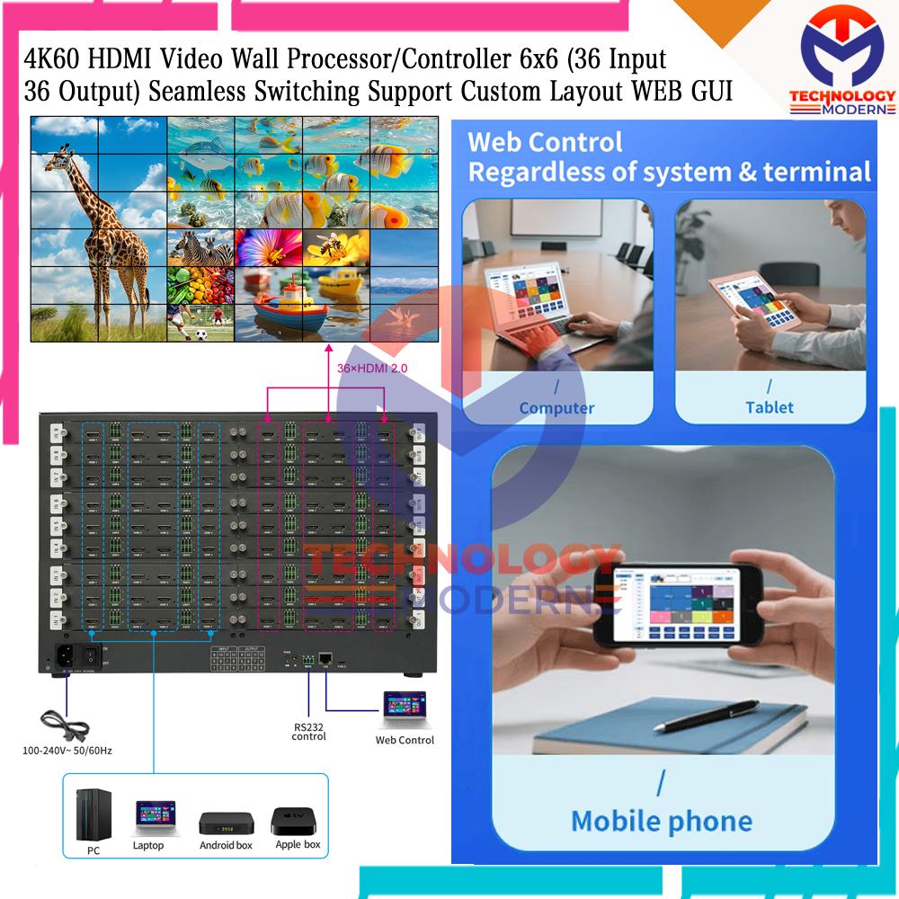 4K60 HDMI 2.0 Modular Video Wall Processor/Controller 6x6 5x6 4x6 3x6 4x5 5x7 (36 Input 36 Output) Seamless Switching Support Custom Layout WEB GUI