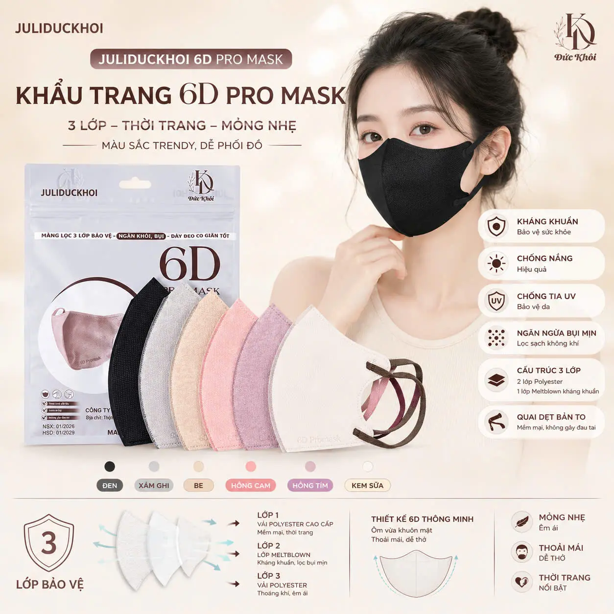 [ Mua 200 chiếc -Tặng 20 chiếc] Combo 100 - 200 chiếc khẩu trang 6D JULIDUCKHOI Pro Mask 3 lớp Thời Trang mỏng nhẹ