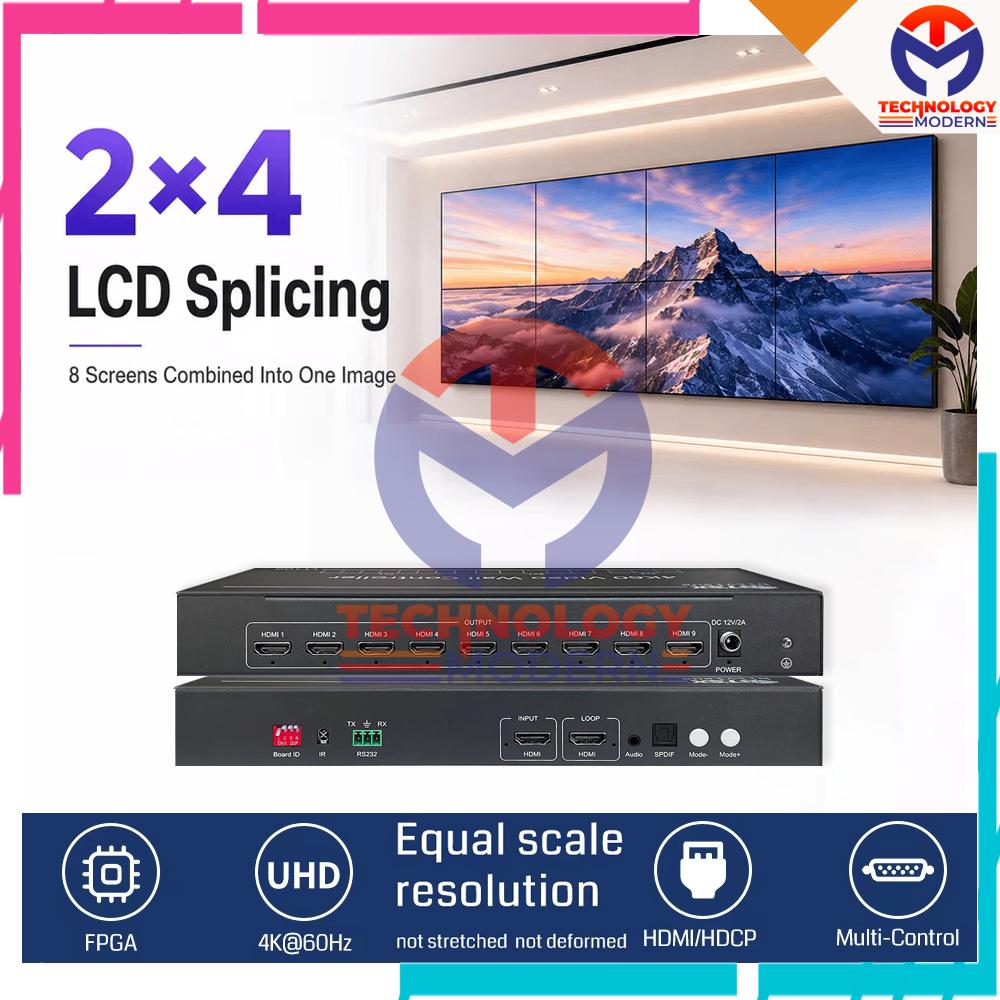 4K60 HDMI Video Wall Controller 4x2 2x4 (Menampilkan 1 Gambar Besar di 8 Monitor) Support Loop Out