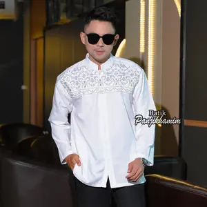 Baju Koko Putih Lengan Panjang Pria Dewasa Kombinasi Bordir Bahan Adem Busana Muslim Jumbo
