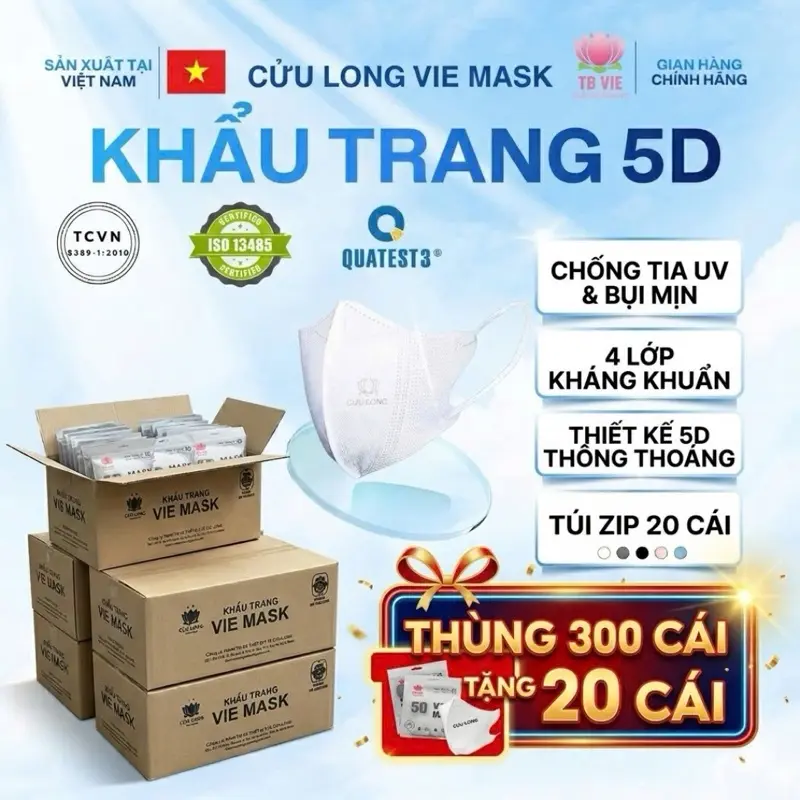 4 LỚP 300 TẶNG 20 5D TBVIE MASK - Khẩu Trang 5D 4 Lớp Kháng Khuẩn Cửu Long -Túi Zip 20 Chiếc - Màu Sắc Đa Dạng