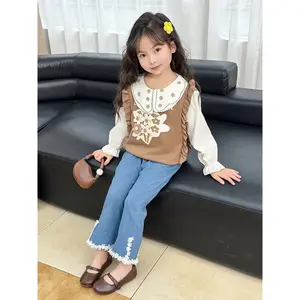 ANGENIUS Setelan Anak Perempuan Lengan Panjang Bahan Baby Rajut & Katun Premium Motif Bunga Celana Soft Jeans Outfit Style Korean Look Untuk Umur 8 Bulan - 5 Tahun