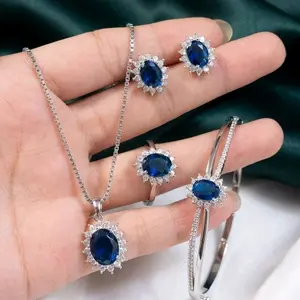 Xuping88 Set Kalung,gelang,anting, cincin Motif Blue Sapphire DIANA Bronze imitasi SP8
