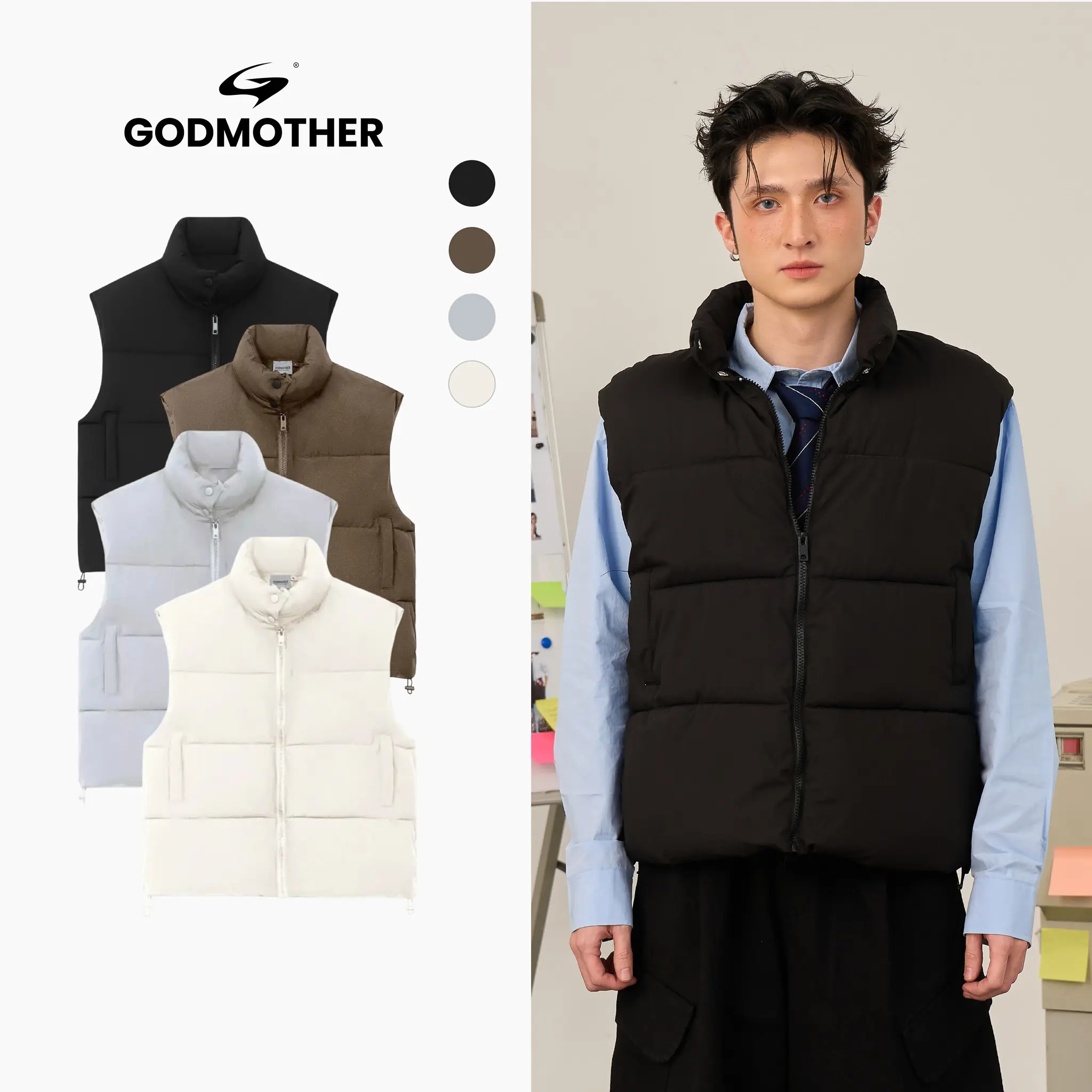 GODMOTHER Áo Phao Gile Túi Sườn Chéo Unisex Chất Liệu Gió Trần Bông Lót Lụa Phong Cách Streetwear Màu Đen Nâu Xám Trắng Size ML XL 2X - 1