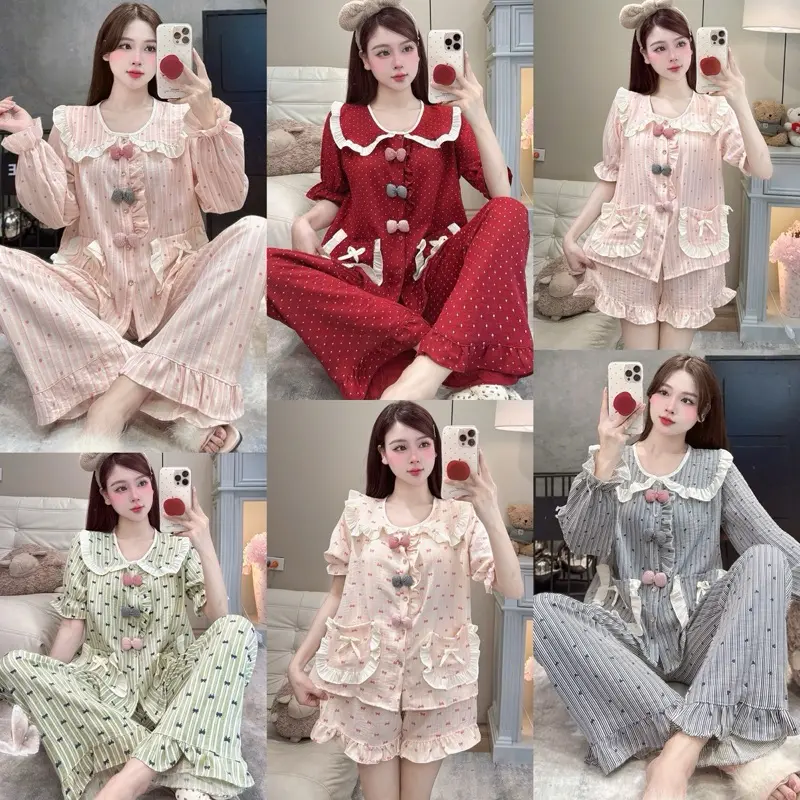 Bộ Mặc Nhà Cổ Sen viền bèo 3 nơ chất liệu Vân mây mới mềm đẹp dễ thương cho Nữ DD018 Sammy - Nữ - đồ ngủ
