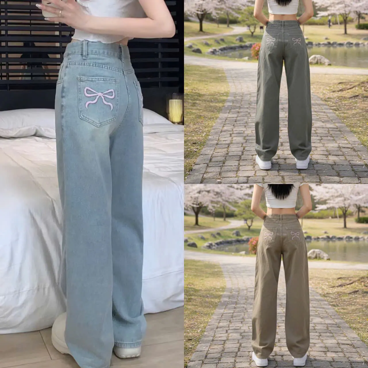 [DEAL ĐẦU XUÂN] QUẦN ỐNG RỘNG JEANS NỮ THÊU NƠ HỒNG CẠP CAO HOTTREND 2026 Màu Xanh Size S M L Jean Ong Quần Jean Phong Cách Thời Trang