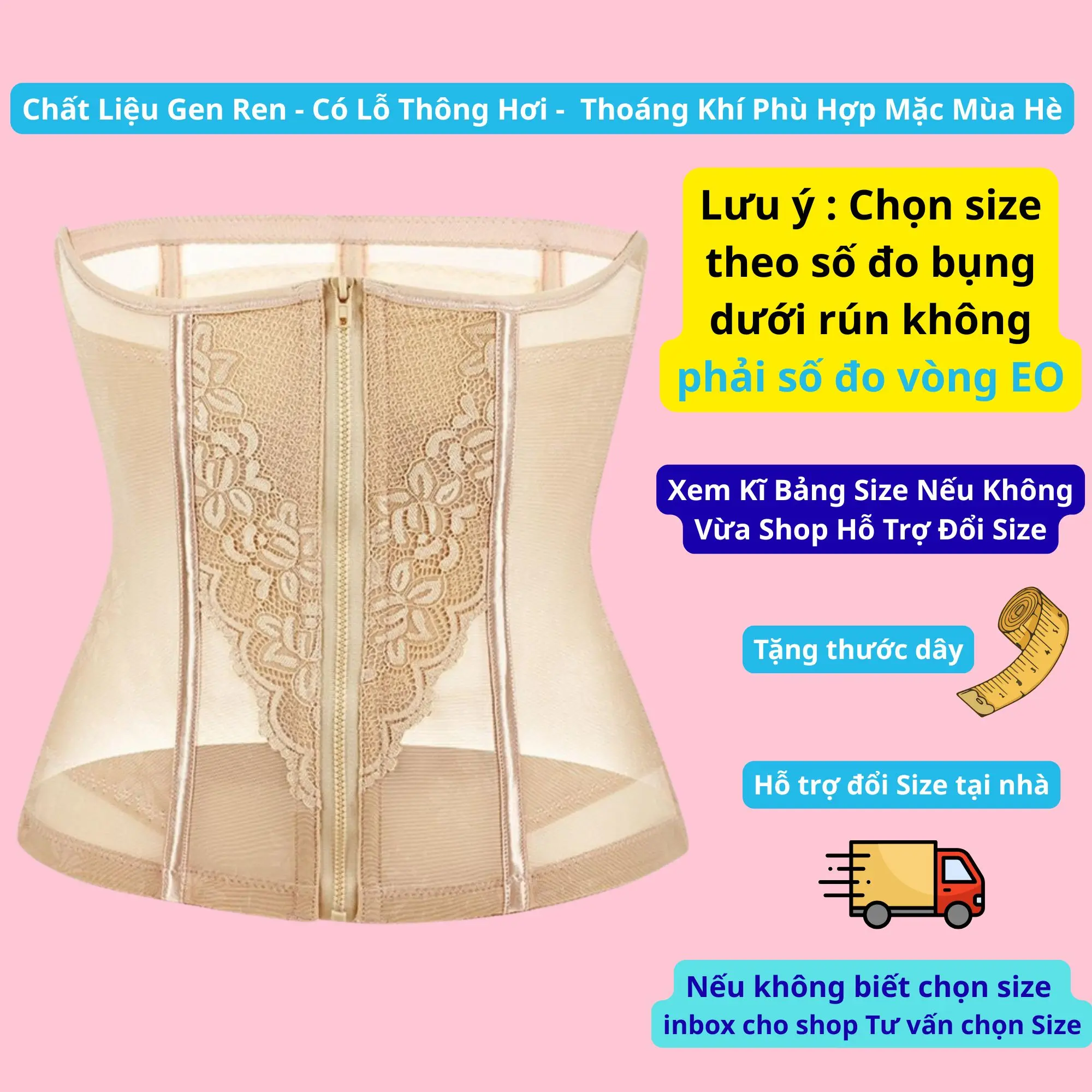 [Chọn size theo số đo vòng bung dưới] Đai Gen Kéo Khóa, Gen nịt bụng kéo khóa định hình chất liệu ren mặc thoáng mát (Tặng thước dây)