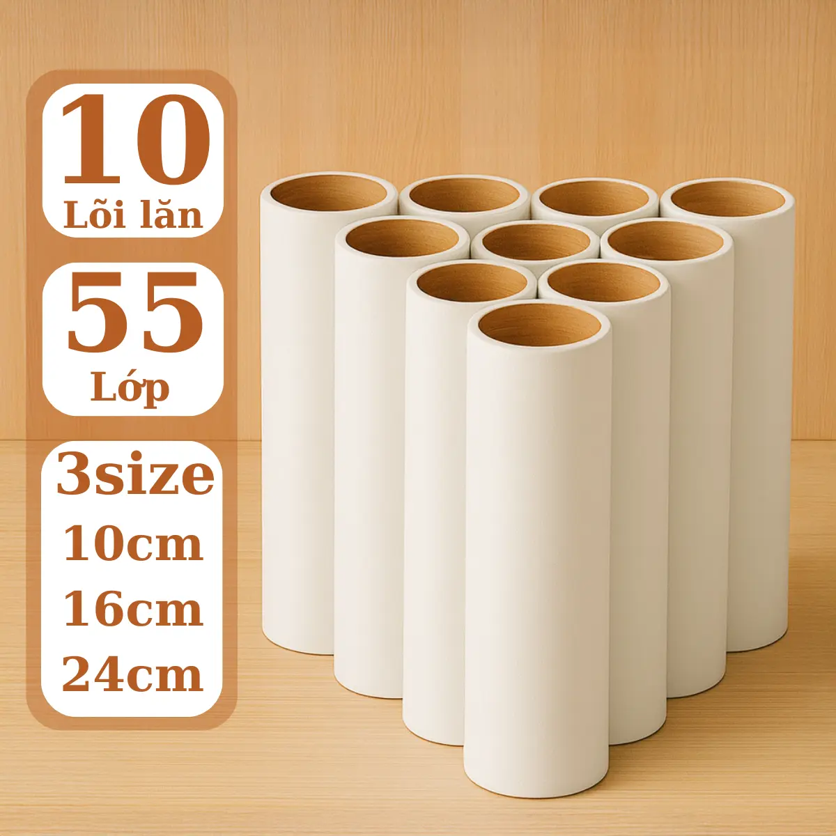 Combo 10 lõi lăn bụi thay thế size 24cm, 16cm, 10cm Living C, lõi 55 lớp (Không kèm cán lăn bụi)