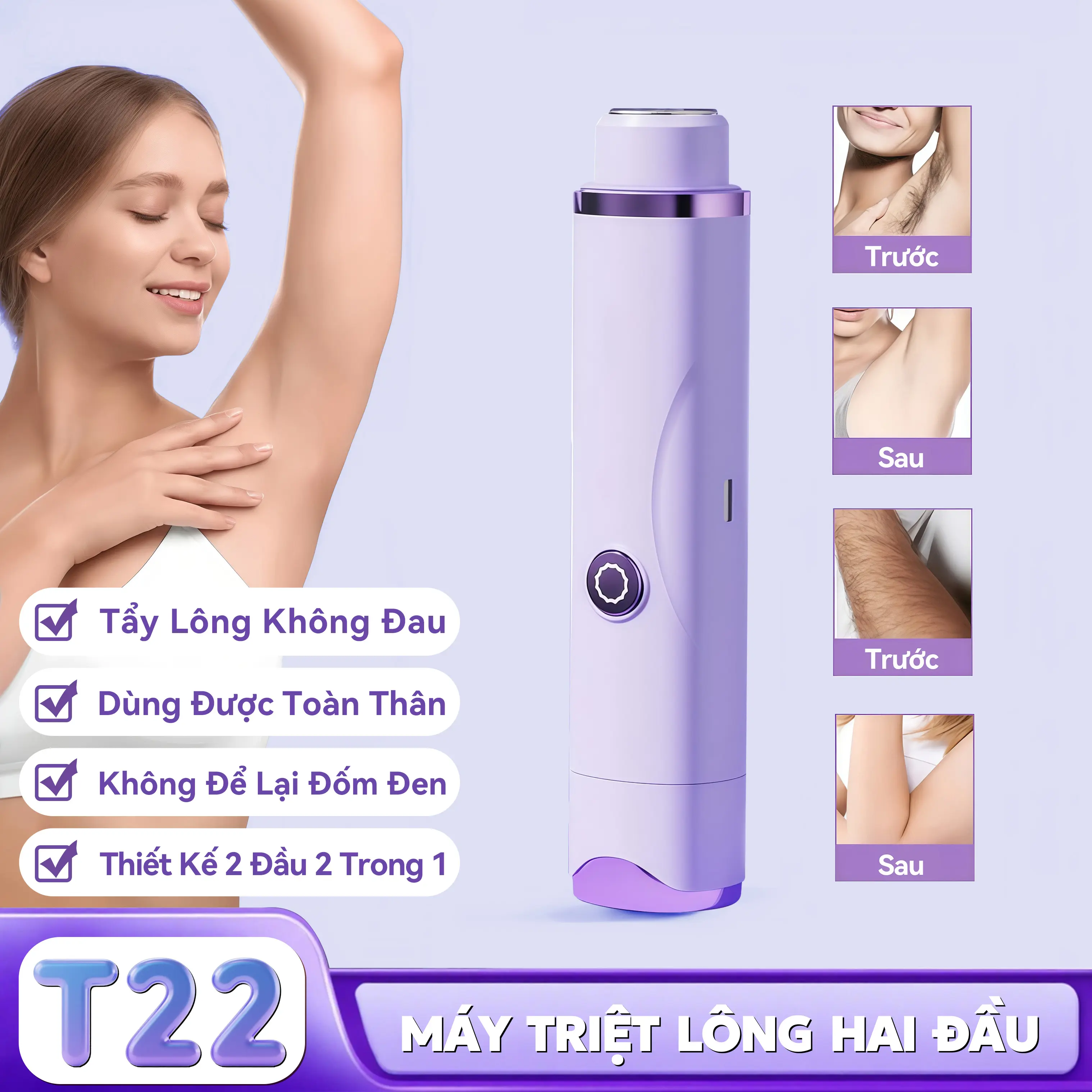 KY T22 Máy Triệt Lông 2 Đầu Đời Mới Không Đau, Dùng Được Toàn Thân, Không Để Lại Thâm Đen, Sạc Type-C Pin Trâu, Chống Nước Toàn Thân
