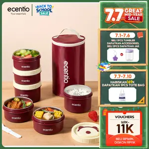Ecentio Kotak Makan Siang Bulat 3Pcs Merah Anti Tumpah 304 Stainless Steel lunch box Tas Bekal  Aluminium BPA Free Garansi 30 Hari Kitchenware Wadah Set