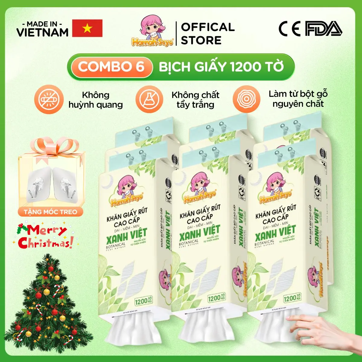 Hannah Seyo COMBO 06 bịch Khăn giấy rút 1200 tờ/4 lớp XANH VIỆT Hannah-Seyo treo tường