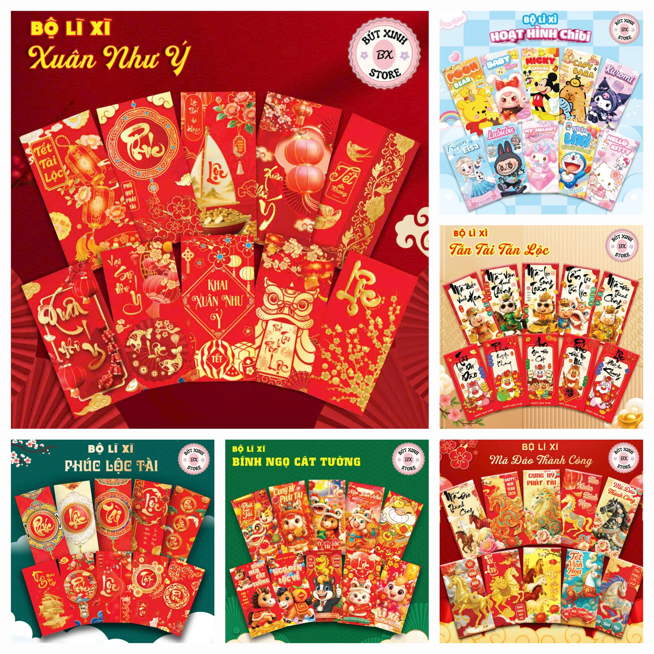 Combo 100 Cái Bao Lì Xì Truyền Thống Tết Bính Ngọ 2026 (Chọn Theo Chủ Đề)