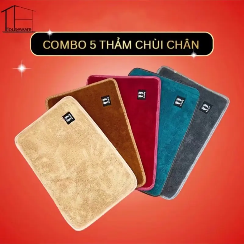 Combo 5 Tấm Thảm Lau Chân Lông Cừu Len Mịn  Thấm Nước, Đế Lót Cao Su Chống Trơn Trượt Kt 40x60cm