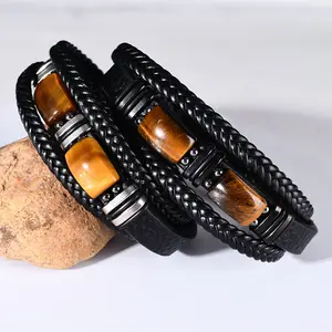 Gelang pria berbahan kulit asli & stainless steel, dilengkapi batu mata harimau mewah – cocok untuk hadiah ulang tahun