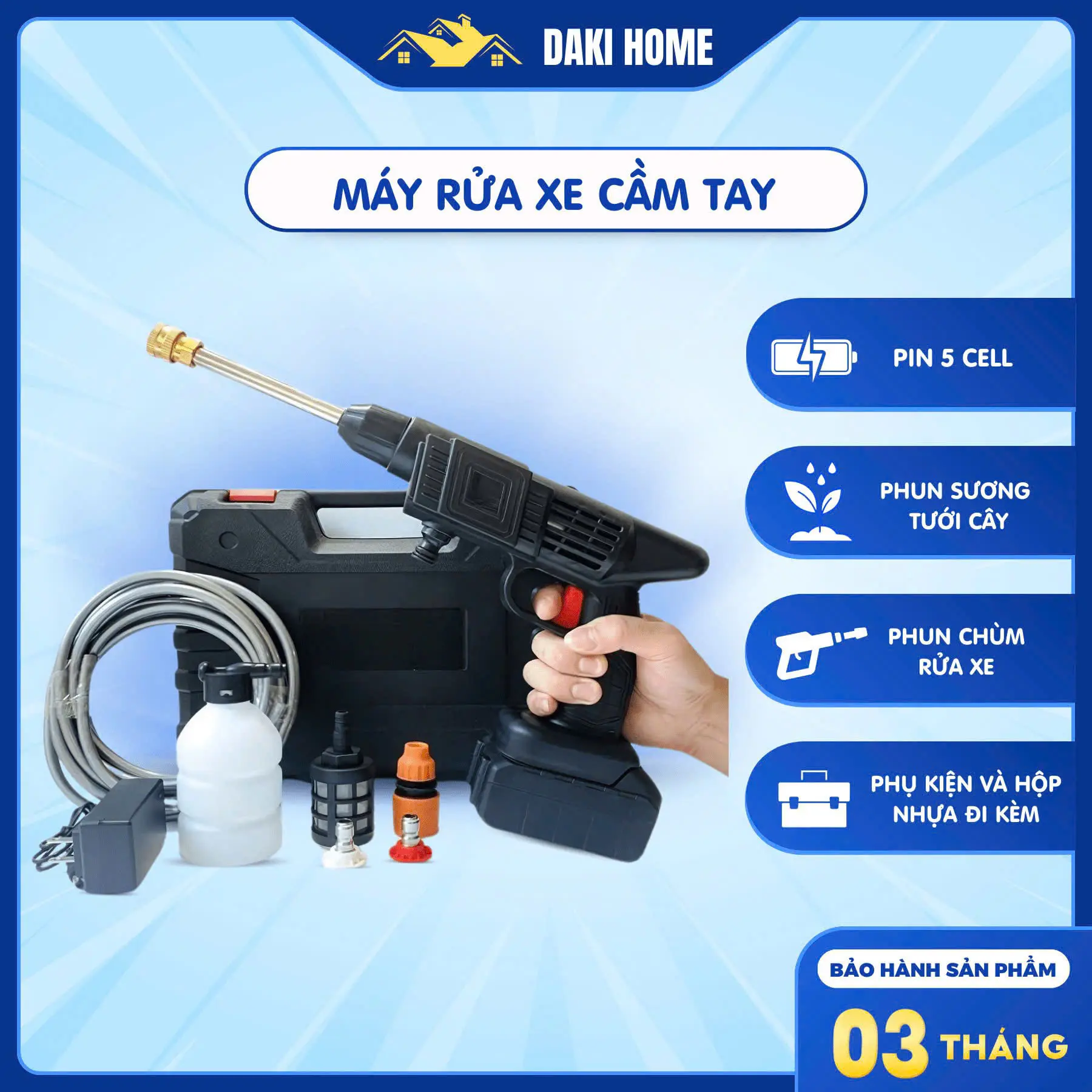 Máy Rửa Xe Cầm Tay Pin Lithium 5 Cell Áp Suất 30bar Phun Sương Tưới Cây & Chùm Rửa Xe Gọn  Nhẹ Tiện Lợi Bảo Hành 3 Tháng