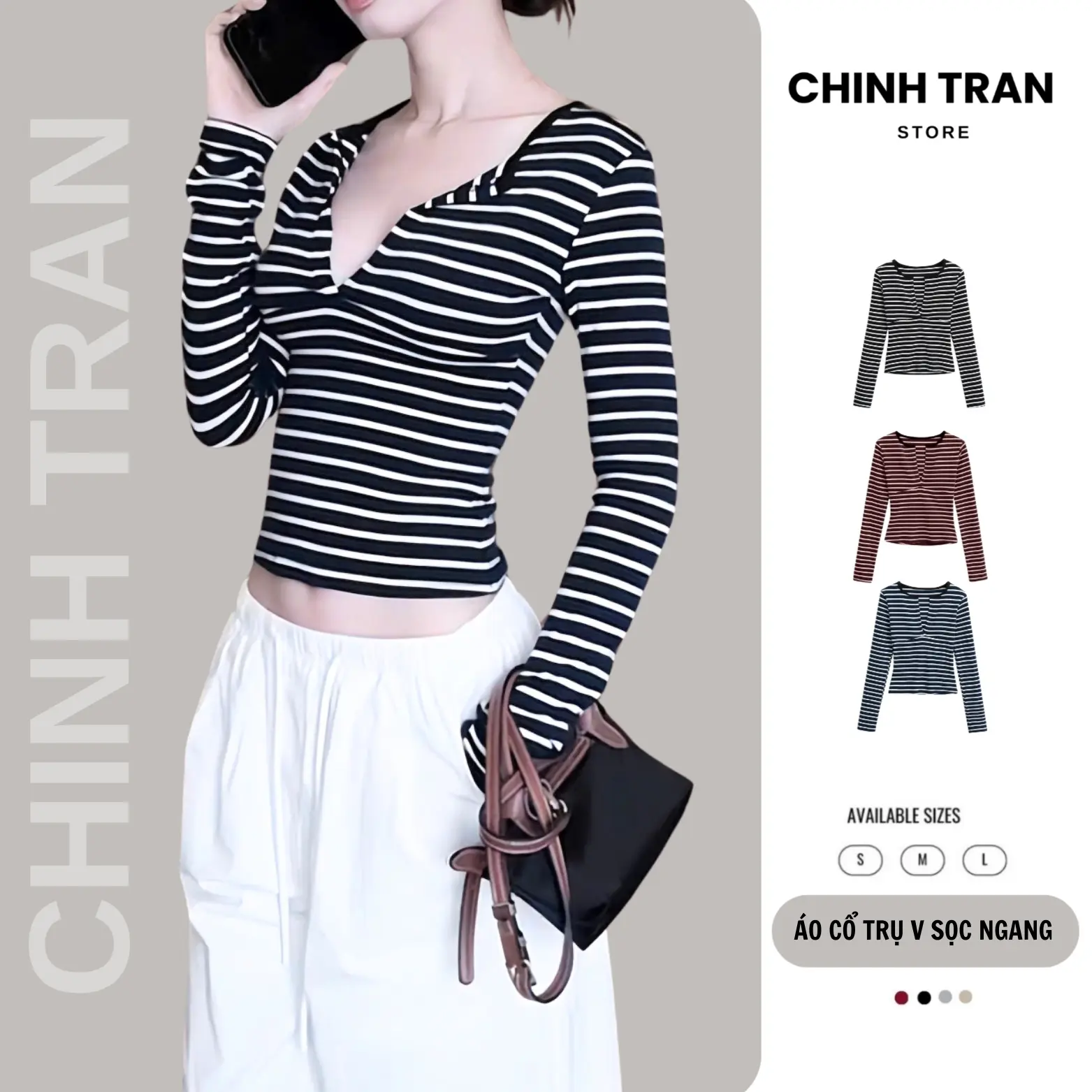 [MỞ BÁN] Áo Thun Nữ Cổ Trụ Sẻ V Tay Dài Kẻ Sọc Ngang Basic Sexy