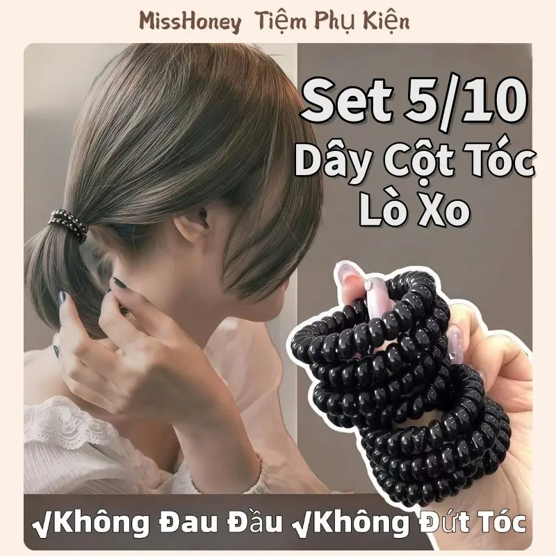 Set 5/10 Dây Cột Tóc Nhựa Xoắn Lò Xo Màu Đen Nhiều Kiểu Dáng Cho Nữ