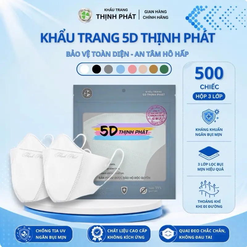 500 CHIẾC KHẨU TRANG 5D THỊNH PHÁT Chống Nắng UV & Bụi Mịn - Vải Không Dệt An Toàn - Thiết Kế 3D Thông Minh - Dây Tai Mềm Mại - Free Ship