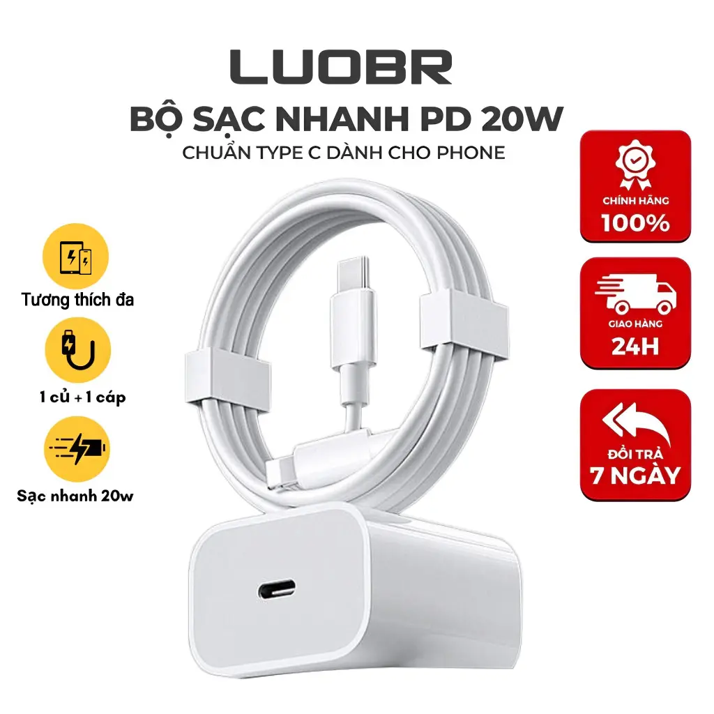 Sạc nhanh PD Type-C 20W & Dây cáp dữ liệu LN, tương thích với iPhone 6-14, chip thông minh, an toàn chống cháy nổ, dây sạc 1m/1,5m/2m, bộ sạc nhanh.