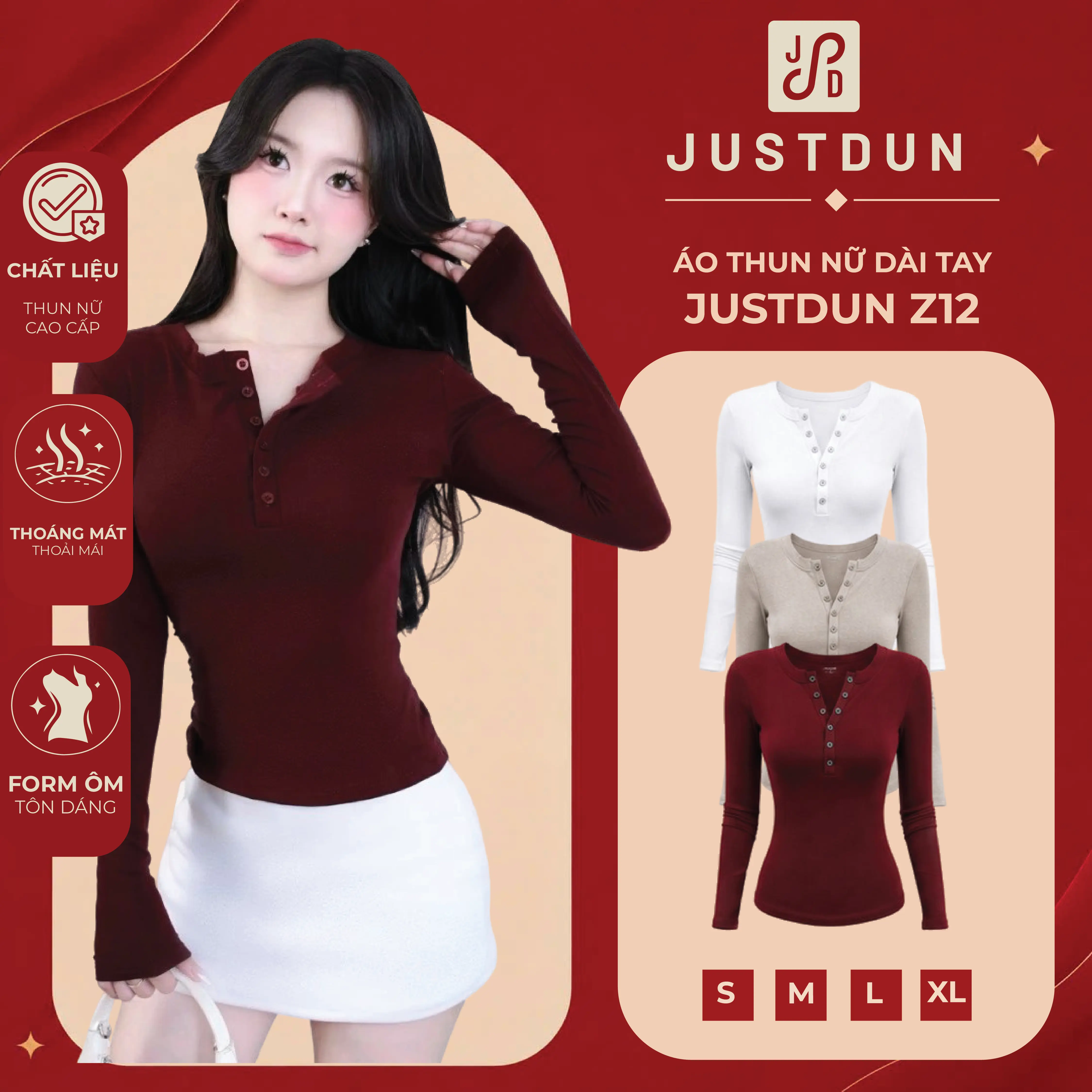 [DEAL XẢ KHO] Áo Thun Nữ Dài Tay JUSTDUN Z12 - Thiết Kế Khuy Cúc Ngực, Cotton Mịn Êm Ái, Ôm Dáng, Co Giãn Thoải Mái