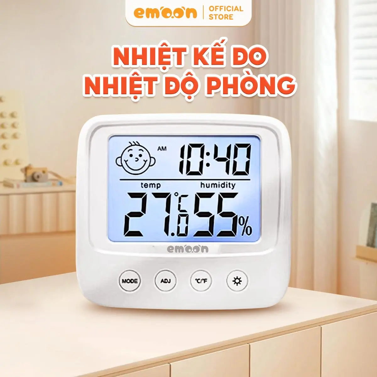 Nhiệt Ẩm Kế Đo Nhiệt Độ Phòng Điện Tử EMOON Cho Bé, 4 Trong 1: Đo Nhiệt Độ, Độ Ẩm, Báo Thời Gian, Cảnh Báo Cảm Xúc Có Đèn Led Sáng, Tặng Kèm Pin.