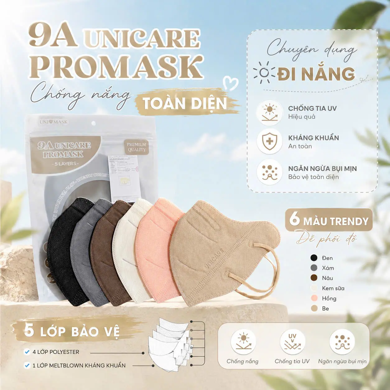 [ UNICARE ] Khẩu trang 9A UNICARE 5 lớp dày dặn, Chống nắng toàn diện, Nhiều màu Đẹp Lạ