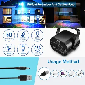Lampu Panggung LED Tujuh Warna Berkedip Laser Mini USB Proyeksi Langit Berbintang Natal Disko PAR Kontrol Jarak Jauh Suara 60 Pola untuk Pesta KTV Bar dengan 60 Kombinasi Gambar 6 Warna Latar Belakang dan 3 Kombinasi Sinar