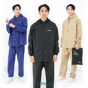 Aimon Jas Hujan Waterproof Parasut PVC Elastis dan Tebal Jaket & Celana dengan Hoodie Resleting Karet Pinggang Setelan Dewasa untuk Pria