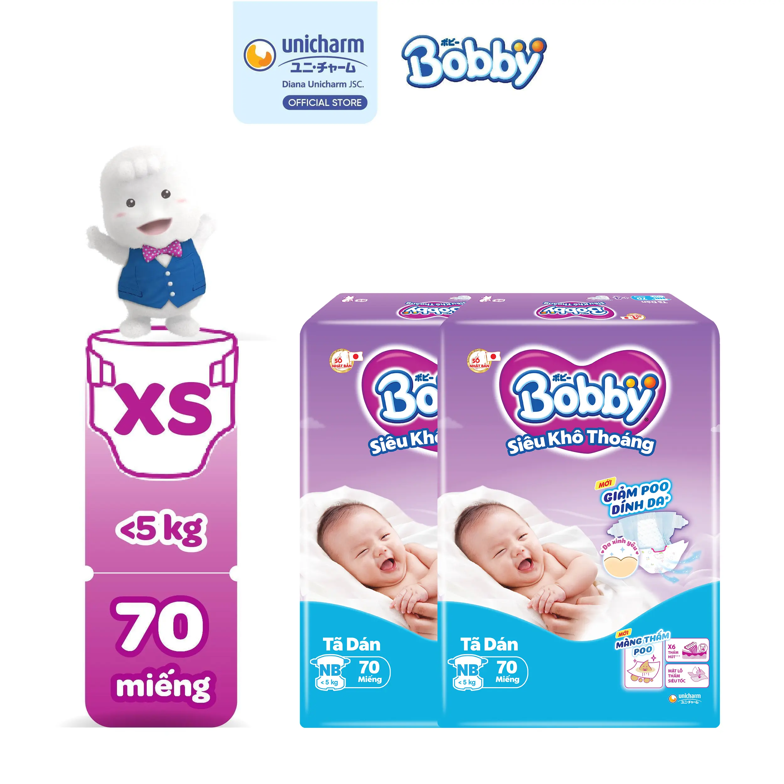[COMBO 2] Bobby Tã/bỉm dán XS70 Siêu khô thoáng lõi nén cotton soft cho bé sơ sinh (bao bì ngẫu nhiên)