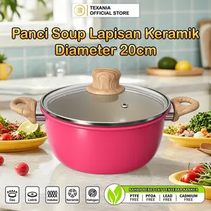 [EXCLUSIVE BABYOLIV] PO 30 HARI TEXANIA Panci Soup PINK Coating Ceramic Anti Lengket Tutup Kaca Diameter 20cm - Kitcenware